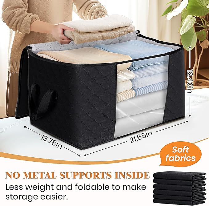 Fab totes 3-Pack Clothes Storage, Foldable Blanket Storage Bags, Storage Containers for Organizing Bedroom, Closet, Clothing, Comforter, Organization and Storage with Lids and Handle, Black