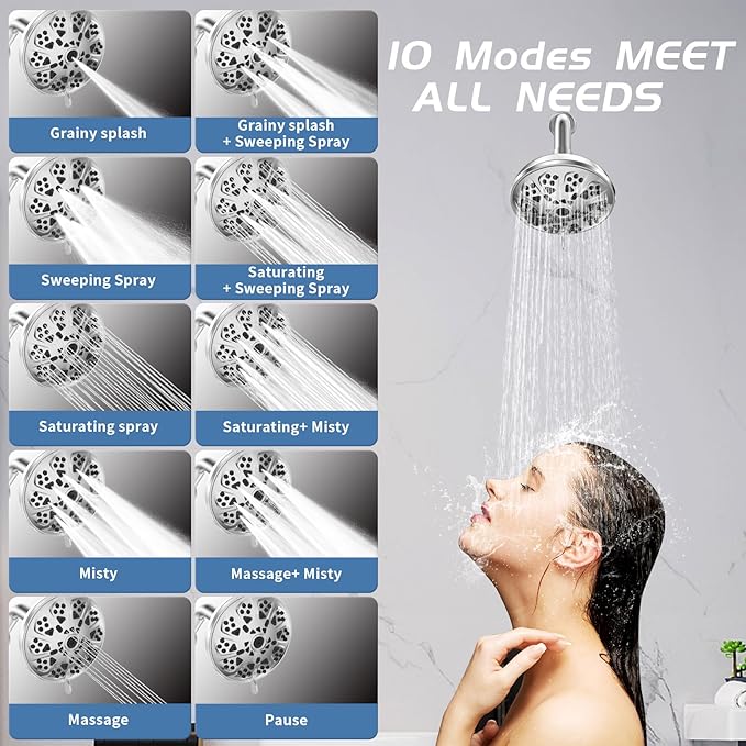 10-Mode High Pressure Shower Head Fixed Showerhead, Anti-Clogging Silicone Nozzles-Premium Quality Luxury Design(Luxury Polished Chrome) - 1-Min Install Easy Clean Adjustable Angles