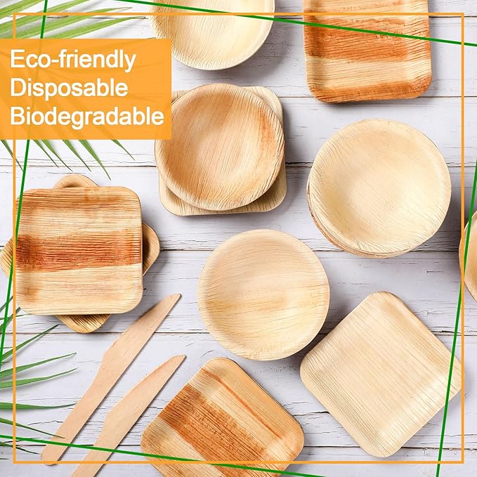 Set of 50 4-inch disposable palm leaf plates for rabbits, sturdy bamboo bowls for parties, compostable decorative tableware for rabbits, Easter, birthday, outdoors