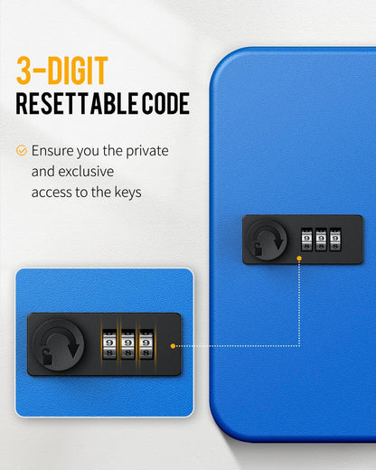 Refurbished- 28 Keys Steel Key Cabinet(small dents) with Resettable Code Blue Wall Mounted Key Organizer with Combination Lock Digital Security Box with Hooks and Large Key Tag Labels Identifiers in 5 Assorted Colors
