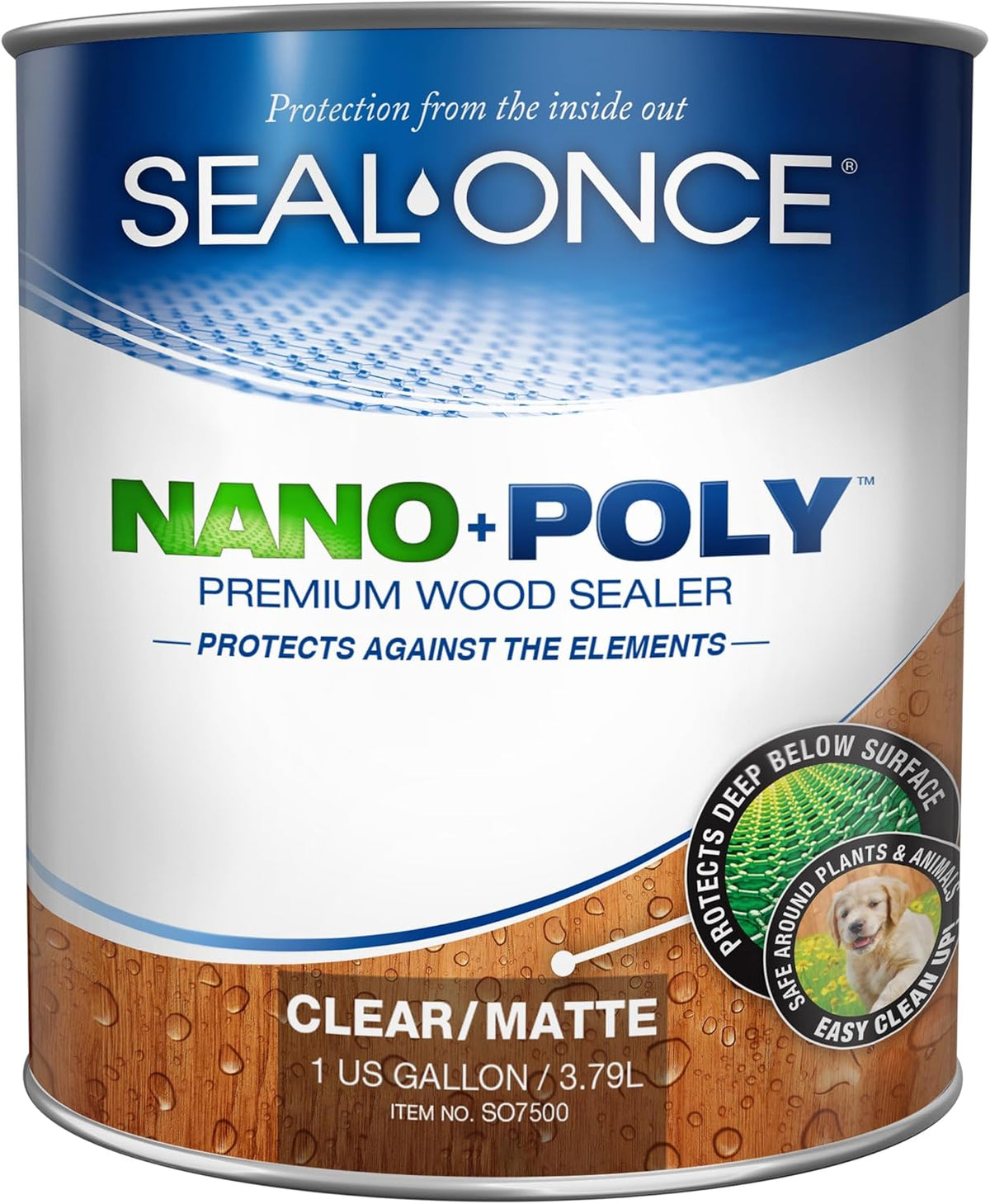 SEAL-ONCE Nano+Poly Wood Sealer and Waterproofer, Clear, 1 Gallon With Polyurethane, Water-based, Low-VOC, Waterproofer & Stain, For Decks, Fences & Log Homes