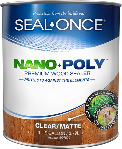 SEAL-ONCE Nano+Poly Wood Sealer and Waterproofer, Clear, 1 Gallon With Polyurethane, Water-based, Low-VOC, Waterproofer & Stain, For Decks, Fences & Log Homes