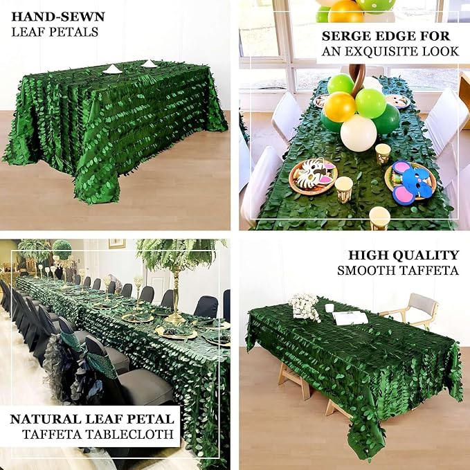 Efavormart 90"x132" Rectangle Leaf Petal Taffeta Tablecloth - Decorative 3D Leaf Ruffle Table Cover for Forest Party, Wedding, Event, Dessert Tables - Green