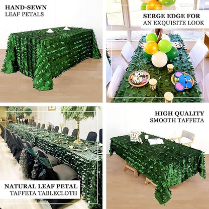 Efavormart 90"x132" Rectangle Leaf Petal Taffeta Tablecloth - Decorative 3D Leaf Ruffle Table Cover for Forest Party, Wedding, Event, Dessert Tables - Green