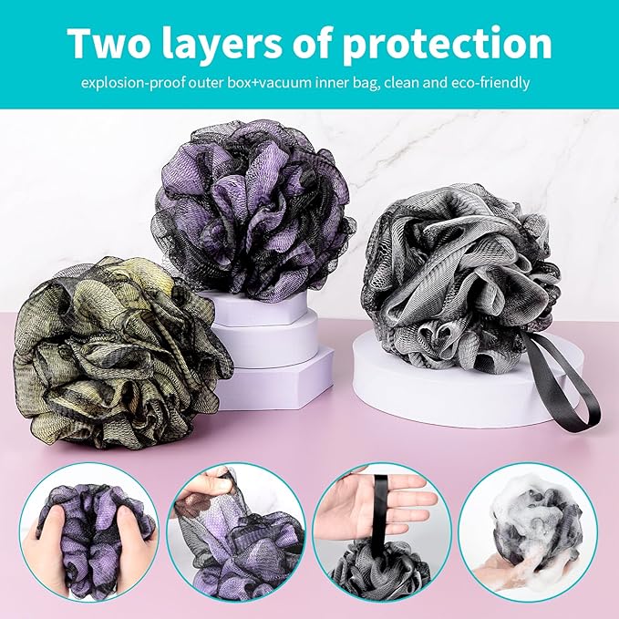 Bath Loofah Shower Sponge Body Back Scrubber Soft Mesh Shower Puffs Exfoliating Loofa for Women  Men Bath Accessories Cleaning Tool (Pack of 4 60G Loofah, Dark Elf)