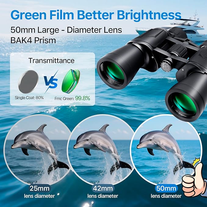 Adult Binoculars 20 x 50 inch High Power Binoculars for Bird Watching 1.102 in, Large Waterproof Eyepiece, Hunting, Hiking, Travel Concert with BAK4 FMC Prism Smartphone Adapter, Black Color