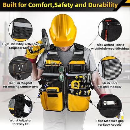 Tool Vest Electrician, Tool Vest for Men, Construction Tool Vest, 22 Pockets, Reflective Work Tool Vest for Men, Tool Vest for Carpenters, Adjustable Tool Vest, Tool Vest for Handyman