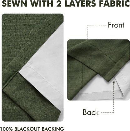 MIULEE Olive Green Pinch Pleated 100% Blackout Linen Curtains 40x108 Inches Room Darkening, Memory Trained, Light Blocking, Black Out Pleat Drapes, Window Curtains for Bedroom Living Room, 2 Panels