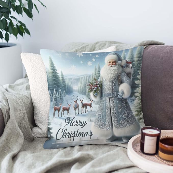 Throw Pillow Cover 20x20 Inch,Santa Blue and Silver with Forest with Deer Merry Christmas Throw Pillow Case,Home Decor Cushion Covers for Sofa Living Room Couch Bed