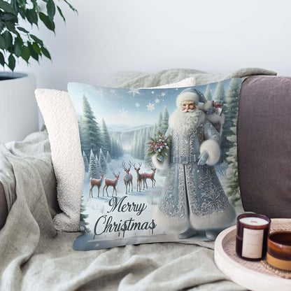 Throw Pillow Cover 20x20 Inch,Santa Blue and Silver with Forest with Deer Merry Christmas Throw Pillow Case,Home Decor Cushion Covers for Sofa Living Room Couch Bed