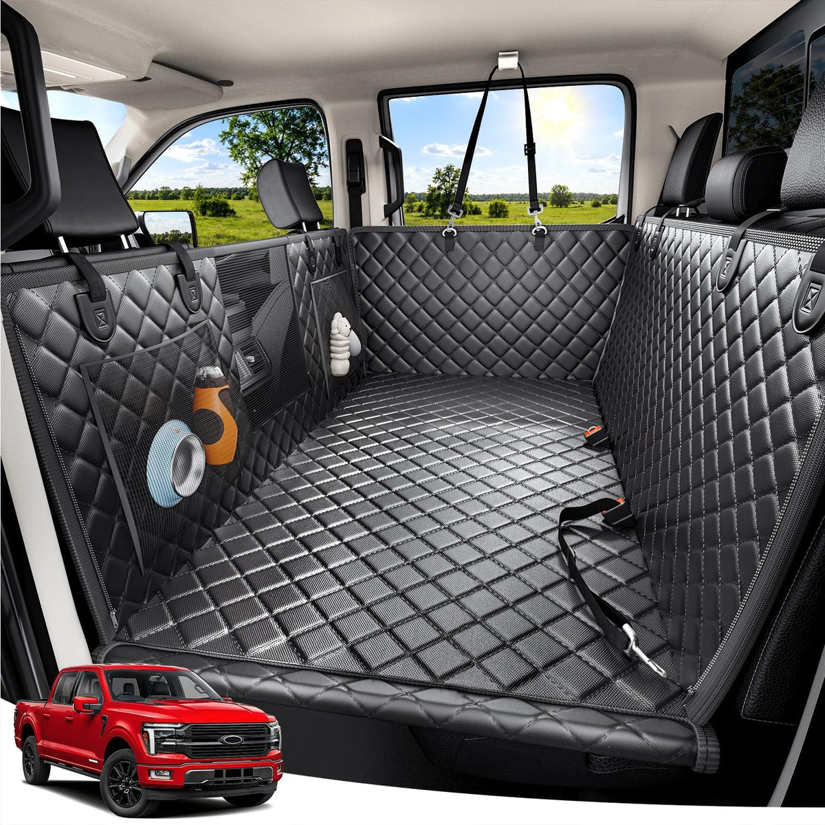 Zanch Heavy-Duty Dog Truck Seat Cover, Flat Solid Back Seat Extender for Multi Large Dogs, Hard Bottom Supports 450 lb, Waterproof Hammock Protector, XL for Full-Size Crew Cab Trucks & SUVs, Black