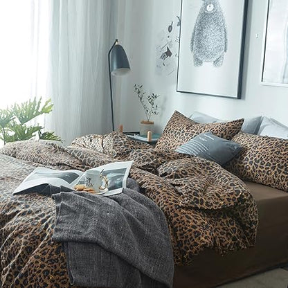 mixinni Leopard Print Queen Size Comforter Set-3 Pieces Animal Cheetah Printed Comforter Sexy Soft Fluffy BrownBlack Floral Print Bedding Set with 2 Pillowcases for All Season-Queen Size