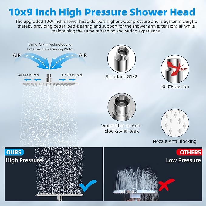 Hibbent All Metal Rain Shower Head, 10'' High Pressure Rainfall Square Showerhead with 16" Shower Head Extension Arm, Solid Brass Adjustable Shower Arm Extender, Waterfall fixed Showerheads, Chrome
