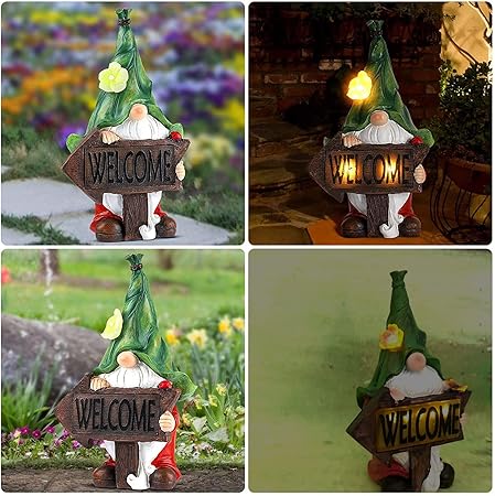 Garden Gnome Statue, Sculpture Funny Resin Gnome Garden Figurines and Solar Garden Statue for Garden Decorations,Patio Yard Lawn Ornaments Gift 12.3inch Tall