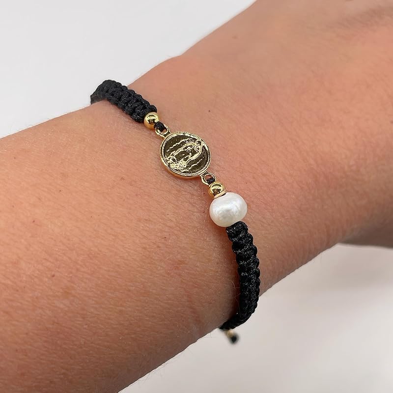 Our Lady of Guadalupe Medal and Dainty Cultured Fresh Father Pearl Adjustable Red String Bracelet Pulsera de la Virgen de Guadalupe para Mujeres (Black)