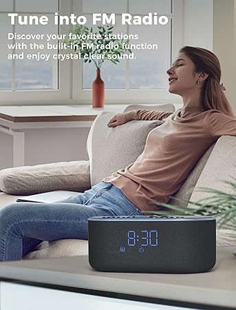 Wireless Charging Alarm Clock Radio: Qi Certified Fast Wireless Charger for iPhone Samsung - 10W Stereo Bluetooth Speaker - Dimmable Digital Clock with FM Radio for Bedroom Black