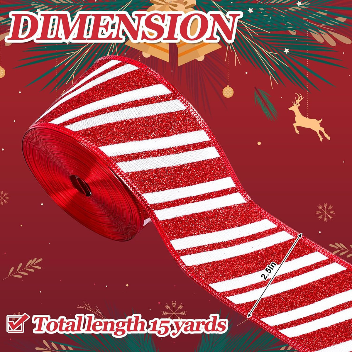 Whaline Christmas Candy Wired Edge Ribbon Peppermint Stripe Glitter Fabric Craft Ribbon for Xmas Tree Bow Wreath Gift Wrap Holiday Party Home Decor, 2.5 Inch