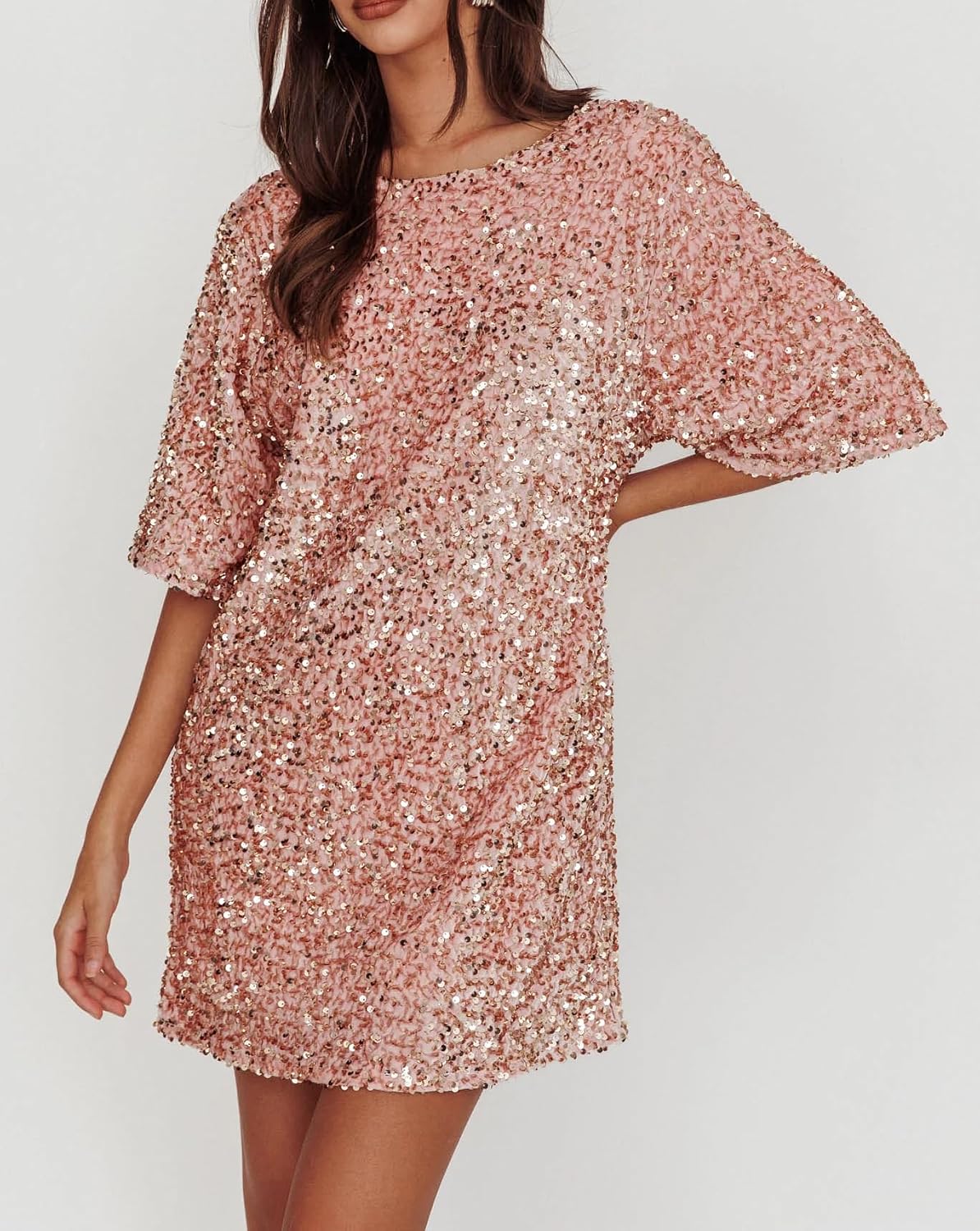 XL, R.Vivimos Women's Sparkly Sequin Party Dress Fall Winter Short Sleeve Crew Neck Velvet Loose Elegant Backless Mini Dress.