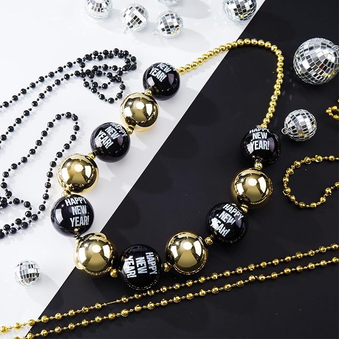 2 set of 36 inch 2026 Happy New Year Bead Necklace 35 Black and Gold Bead Necklace 33 Plastic Beaded Torque Happy New Year Decorations for Party Favors Costume Accessories