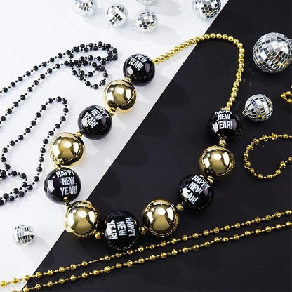 2 set of 36 inch 2026 Happy New Year Bead Necklace 35 Black and Gold Bead Necklace 33 Plastic Beaded Torque Happy New Year Decorations for Party Favors Costume Accessories