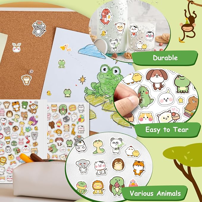 LINAYE 24 Sheets Cute Kawaii Stickers Pack - 1500PCS Adhesive Animal Stickers for Kids, Girls, Classroom