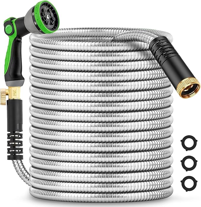 75Ft Metal Garden Hose durable stainless steel Water Hose, flexible, lightweight hose is resistant to kinks and tangles.With 10-way nozzle, strong 34 metal fittings, and a Stop Valve.