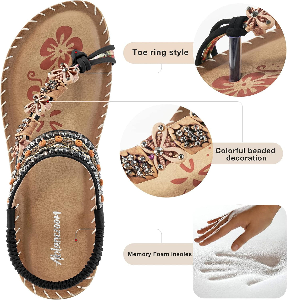Ablanczoom Flat Sandals for Women Summer: Casual Boho Beaded Toe Ring Dress Shoes - Comfortable Vacation Daily Walking Shoes.