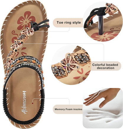 Ablanczoom Flat Sandals for Women Summer: Casual Boho Beaded Toe Ring Dress Shoes - Comfortable Vacation Daily Walking Shoes.