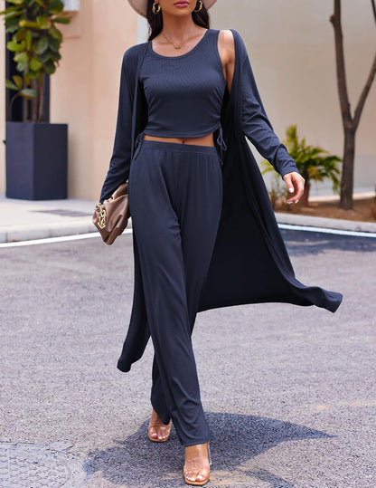 Ekouaer Women's 3 Piece Lounge Set Pajama Long Sleeve Cardigan Sleeveless Top Pants Sweatsuit S-XXL