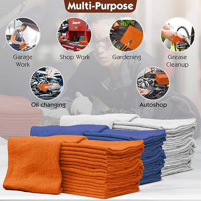 Nabob Wipers Auto Mechanic Shop Towels 100 Pack Bulk Rags 100 Cotton Commercial Grade Shop Rags Size 14"x14" (100 Pack, Orange)