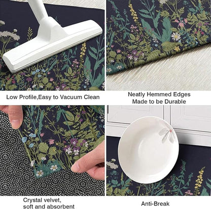 Farmhouse Kitchen Rugs and Mats Sets of 2, Weeds Floral Kitchen Decoration Rubber Backing Non-Slip Mats for Sink Waterproof Floor Mat for Laundry Room,17x3017x48inch