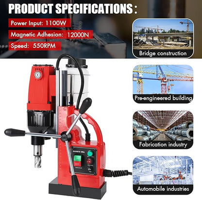 Mag Drill Press, 1100W 550RPM Portable Magnetic Drill Press, Magnetic Core Electric Drilling Machine for Metal Working,14Pcs Annular Cutters Drilling Bits,Red