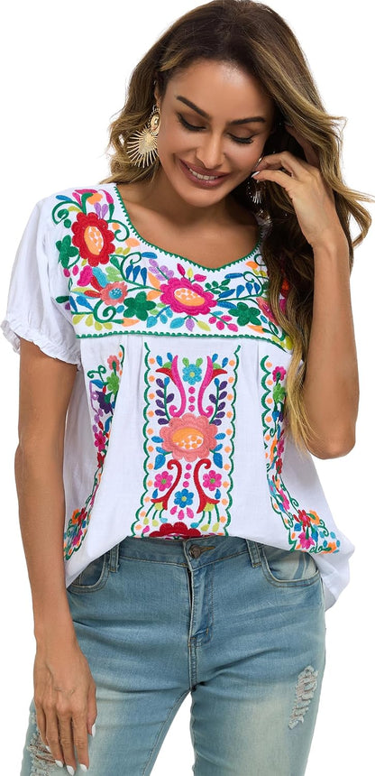 YZXDORWJ Embroidered Mexican Top for Women Peasant Blouse Mexico Summer Shirt Short Sleeve