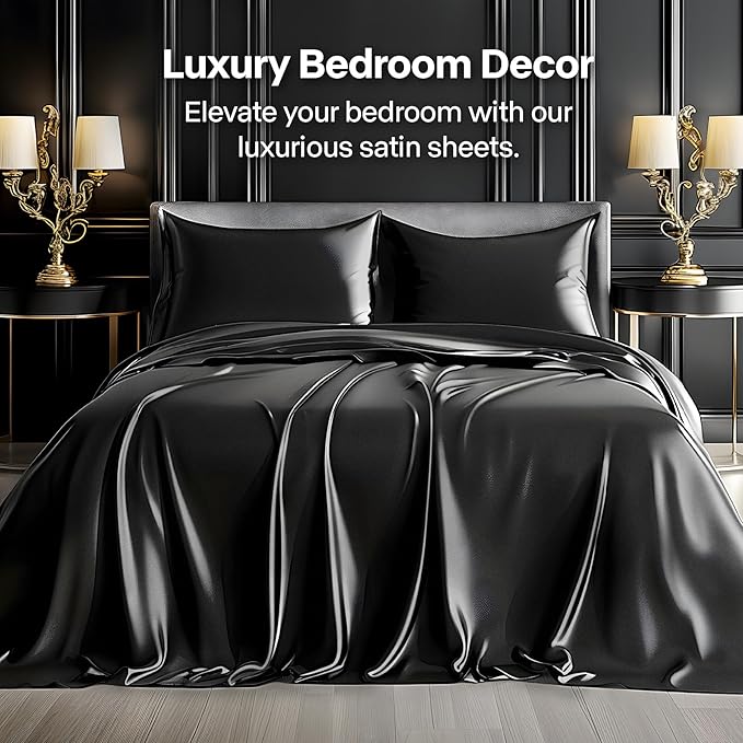 BEDELITE King Size Sheets Set, Luxury Soft Black Satin Sheets for Hair and Skin, Similar to Silk Bed Sheets Set 4 Pieces with 1 Deep Pocket Fitted Sheet, 1 Flat Sheet, and 2 Pillowcases