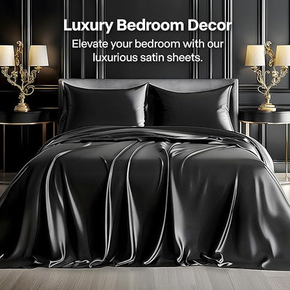 BEDELITE King Size Sheets Set, Luxury Soft Black Satin Sheets for Hair and Skin, Similar to Silk Bed Sheets Set 4 Pieces with 1 Deep Pocket Fitted Sheet, 1 Flat Sheet, and 2 Pillowcases