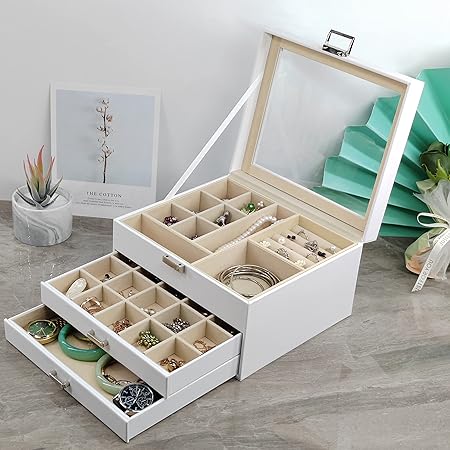 BOOVO Clear Lid Jewelry Box,3 Layers Jewelry Organizer Large Multi-Functional Jewelry Storage Box with 2 Drawers,Jewelry Display Case of Rings Earrings Necklace Bracelets for Women Girls (White)