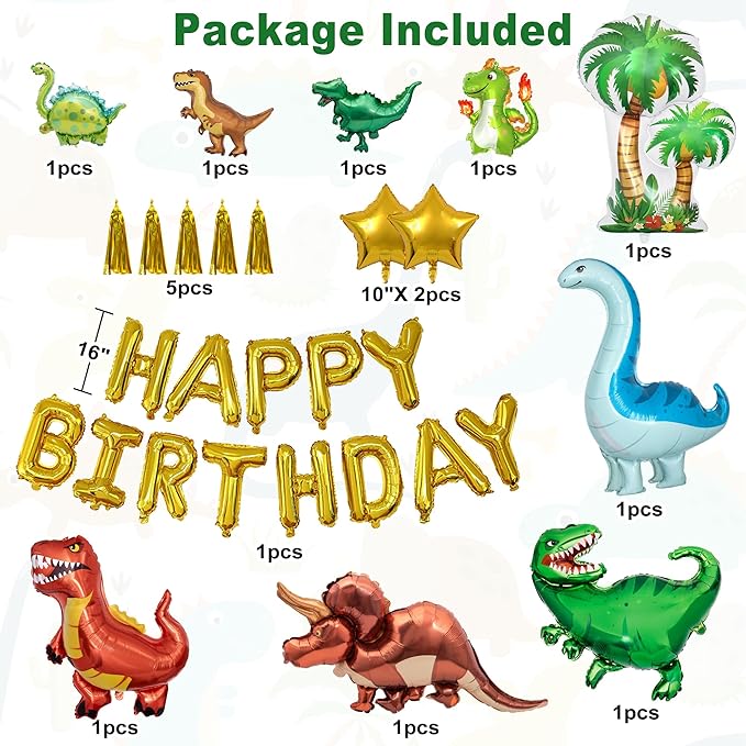 Dinosaur birthday party decoration supplies, 125 pieces of dinosaur balloons, green, orange, blue, happy birthday balloon garland arch kit, balloon curtain of