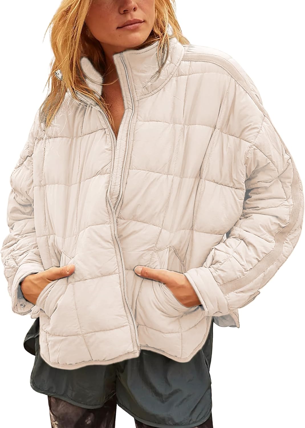 Watashi Women Quilted Puffer Jacket Lightweight Down Coat Long Sleeve Full Zipper Oversized Packable Short Puffer Jackets