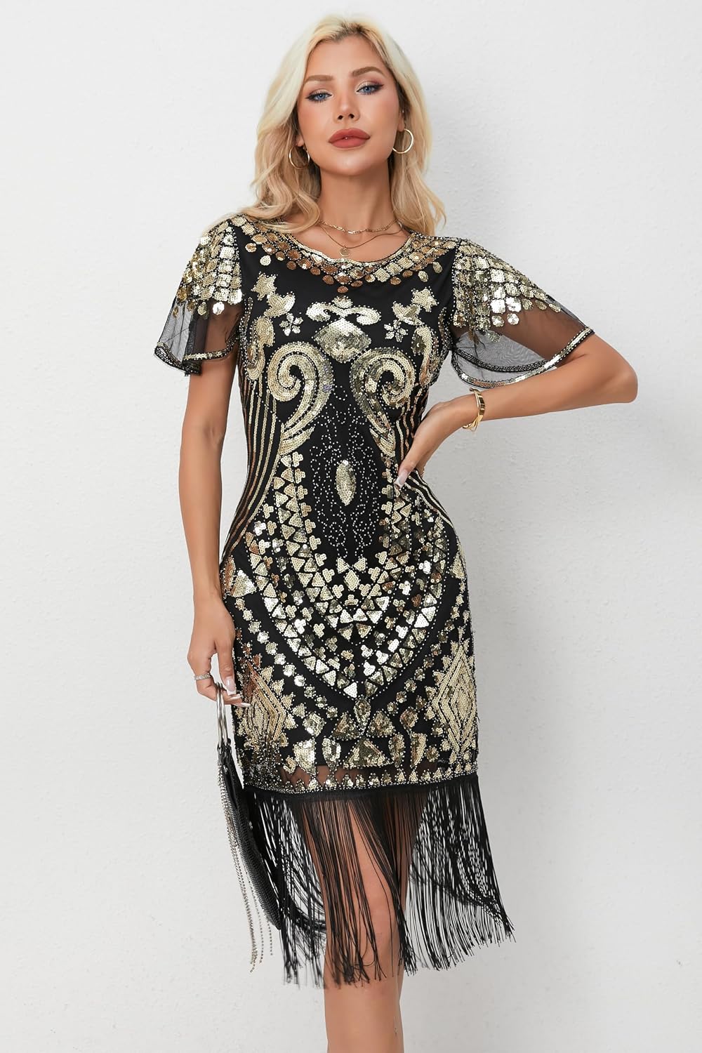 1920s Gatsby Flapper Dress Sequin Beaded Tassel Vintage Evening Gown