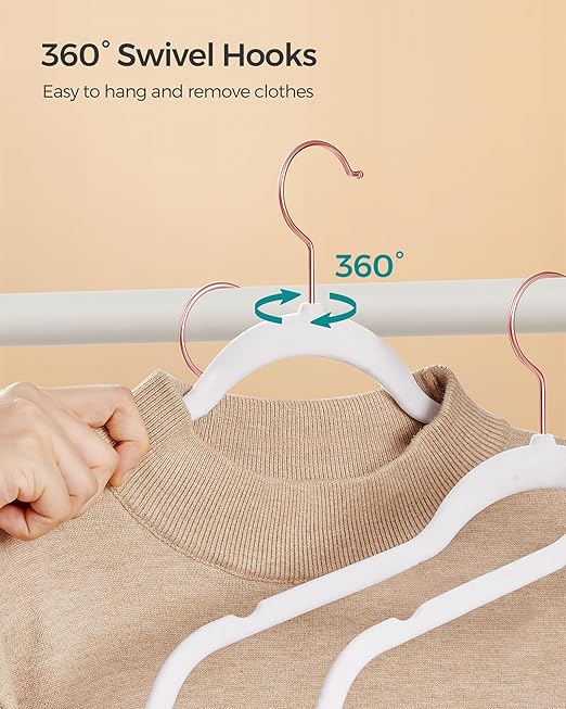 SONGMICS Velvet Hangers 100 Pack, Non-Slip Hangers with Rose Gold-Colored Swivel Hooks, Slim Space-Saving Hangers, Velvet Hangers for Closet, Heavy-Duty Hangers, White UCRF026W100