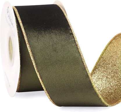 Ribbli Moss Green Velvet Ribbon Wired 2.5 Inch Glossy Velvet with Gold Glitter Christmas Ribbon for Christmas Tree Decoration Big Bow Gift Wrapping Crafts Wreaths Supplies - Continuous 10 Yards