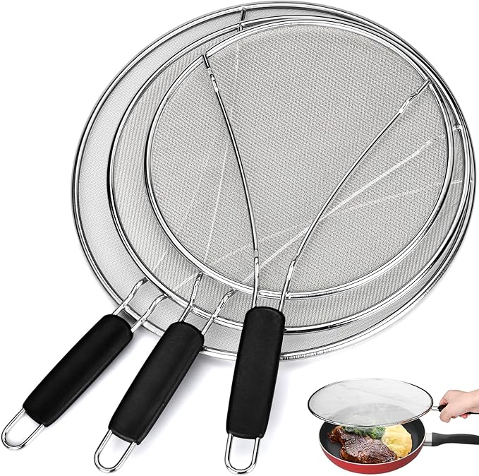 Splatter Screen for Frying Pan 13" 11.5" 9.8" Stainless Steel Fine Mesh Grease Splatter Guard with Comfort Silicone Handles and Resting Feet for Prevent Oil Splatter Safe Cooking