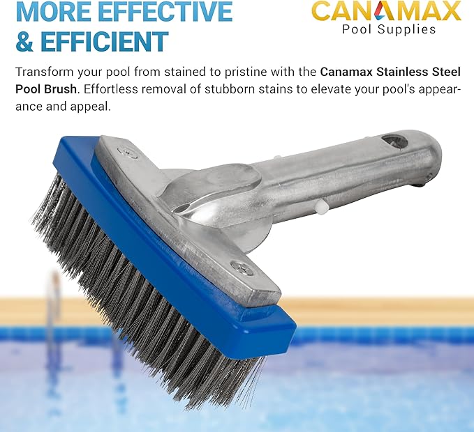 Upgraded 2025 Canamax Heavy Duty 5in Pool Brush - Aluminium Handle with Stainless Steel Bristle Wire - Compatible with Cleaning Pool Walls, Tiles, Floors, Steps, and Corners