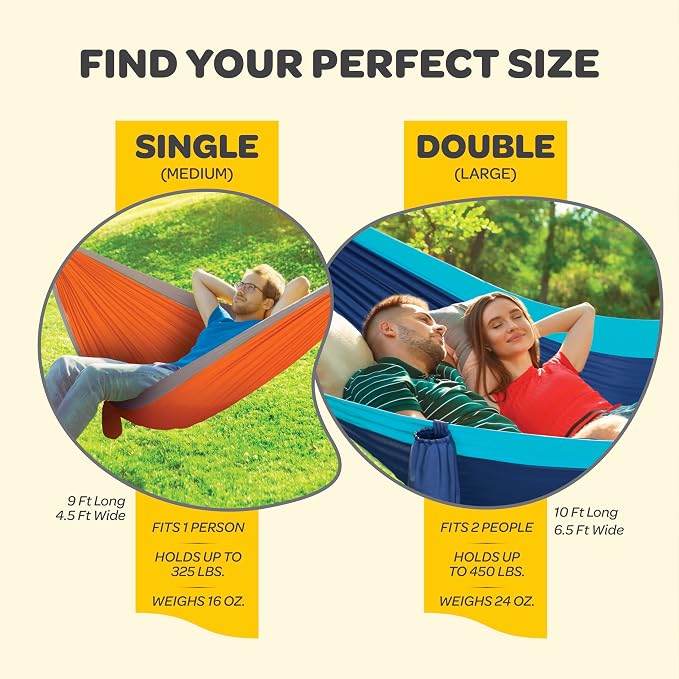 Durable Hammock 500 lb Capacity, Nylon Camping Hammock Chair - Double or Single Sizes w/Tree Straps and Attached Carry Bag - Portable for Travel/Backpacking/Beach/Backyard (Large, Blue & Light Blue)