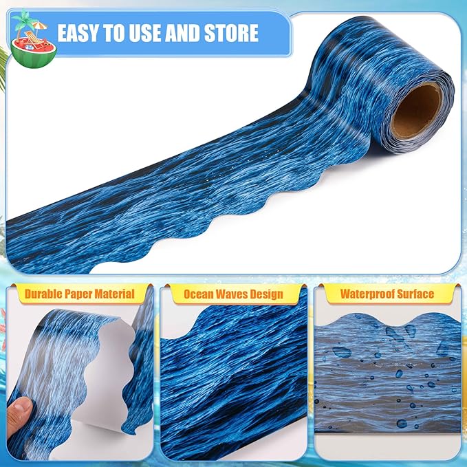 AWIZOM 99 Feet Ocean Waves Bulletin Board Border Blue Ocean Theme Scalloped Border Trim Beach Classroom Decorations for Under The Sea Summer Boho Back to School Theme Party Classroom Decor