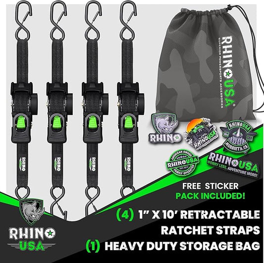 Rhino USA Retractable Ratchet Straps (4-Pack) - 1 Inch x 10 Feet (1,209lb Break Strength) - Heavy Duty Auto Self Retracting Tie Down Straps for Truck, Cargo Trailer, Motorcycle, Rad  More - Black