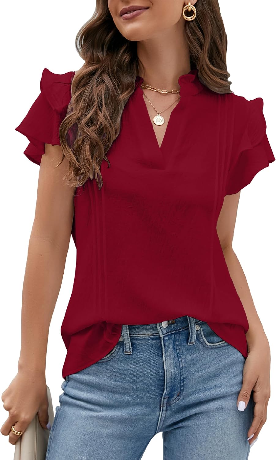 Blooming Jelly Womens Dressy Casual Tops Ruffle Short Sleeve V Neck Shirts Elegant Business Work Blouse.