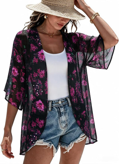 Women's Floral Print Puff Sleeve Kimono Cardigan Loose Cover Up Casual Blouse Tops 2026
