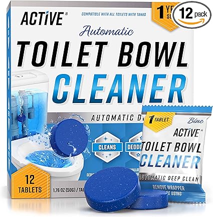 ACTIVE Automatic Toilet Bowl Cleaner Tablets Blue Gel Toilet Tank Cleaners, Septic-Safe Hard Water Ring Stain Remover, Smell Eliminator Heavy Duty Toilet Cleaning  Deodorizer, Fresh Scent - 12 Tabs