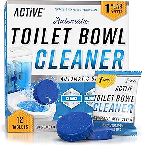 ACTIVE Automatic Toilet Bowl Cleaner Tablets Blue Gel Toilet Tank Cleaners, Septic-Safe Hard Water Ring Stain Remover, Smell Eliminator Heavy Duty Toilet Cleaning  Deodorizer, Fresh Scent - 12 Tabs